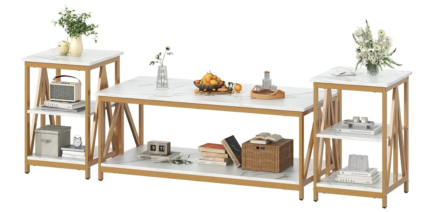 Living Room Coffee Table Set of 3, Industrial X-Design Coffee Table and 2 End Side Tables, 3 Piece Living Room Table Set