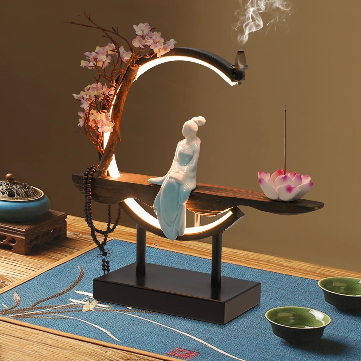 Retro Backflow Incense Burner Ceramic-Iron-Wood Material LED Light Stress Relief Complete Kit for Home/Office Decor