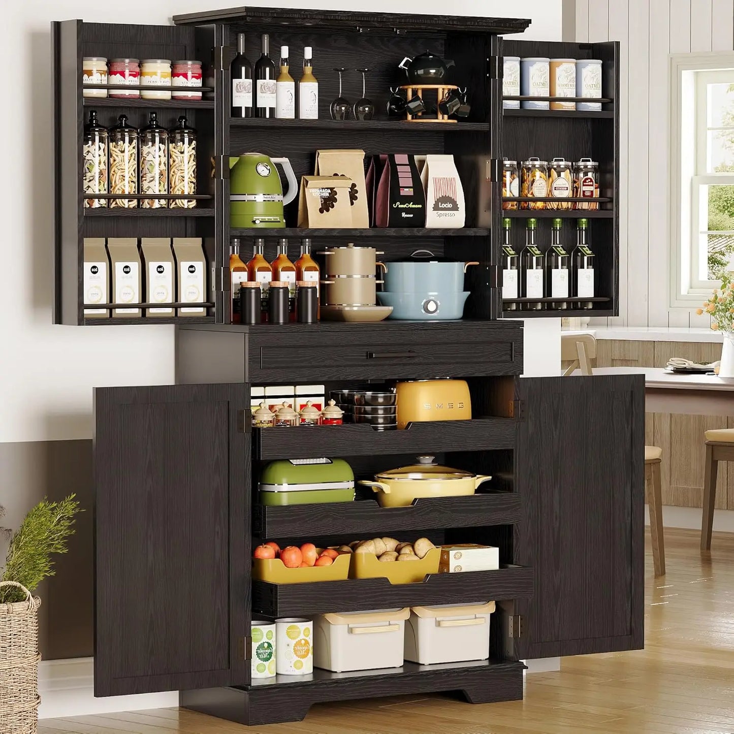Farmhouse Pantry Cabinet, 72" Tall Kitchen Storage Cabinet, Freestanding Cupboard with Sliding Rack & 6 Hanging, Custom