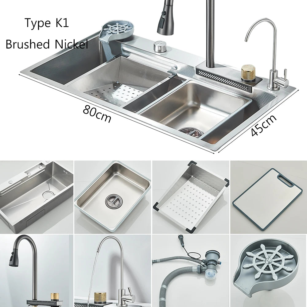 Brushed Nickel Stainless Steel Kitchen Sinks Recessed Sinks Kitchen Taps Sinks with Drains Kitchen Faucet Sink Sets