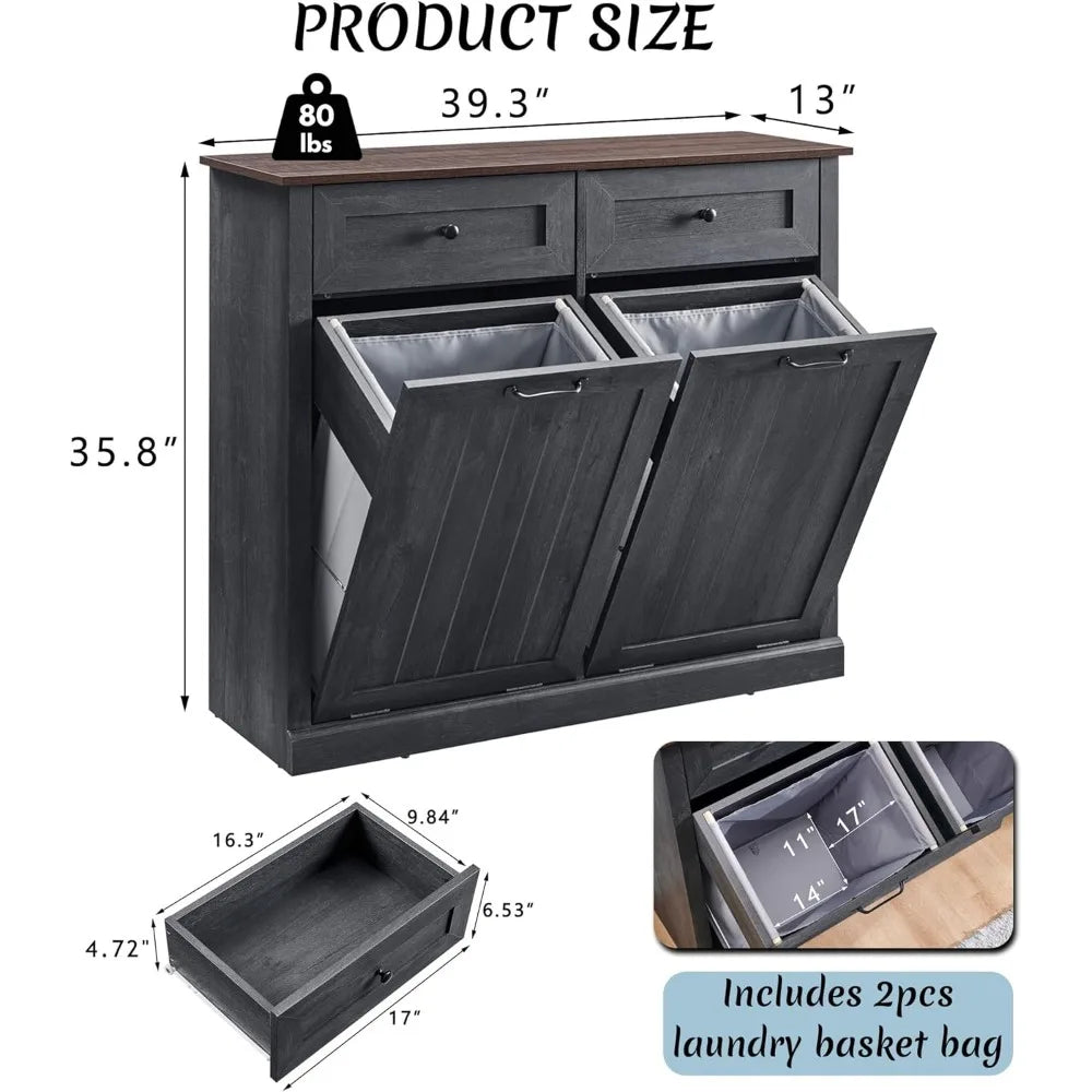 Double Tilt Out Laundry Hamper Cabinet, 20 Gallon Farmhouse Trash Can Cabinet with Drawer, Hidden Wood Garbage Can Bin Cabinet w