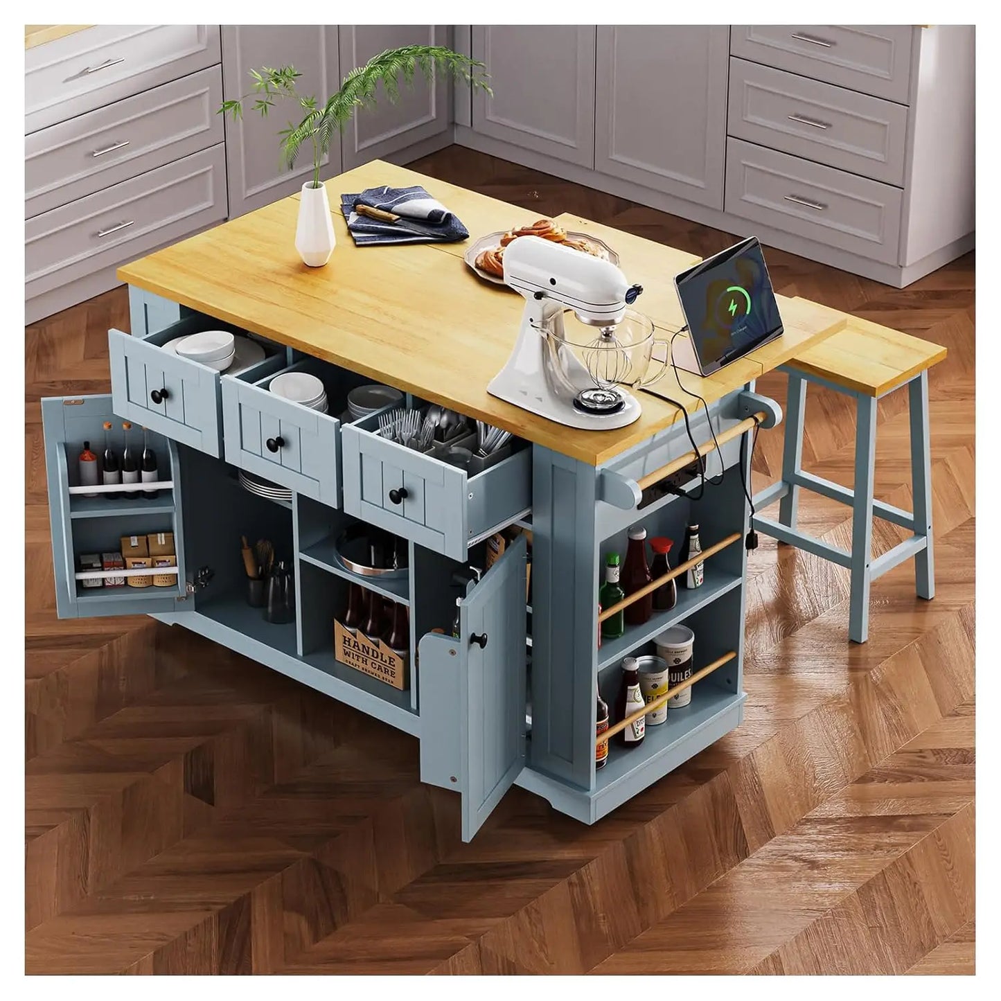 53" Rolling Kitchen Island, Drop Leaf & Power Outlet, 3 Drawers & 2 Cabinets, Mobile Kitchen Cart on 5 Lockable Wheels,, Custom