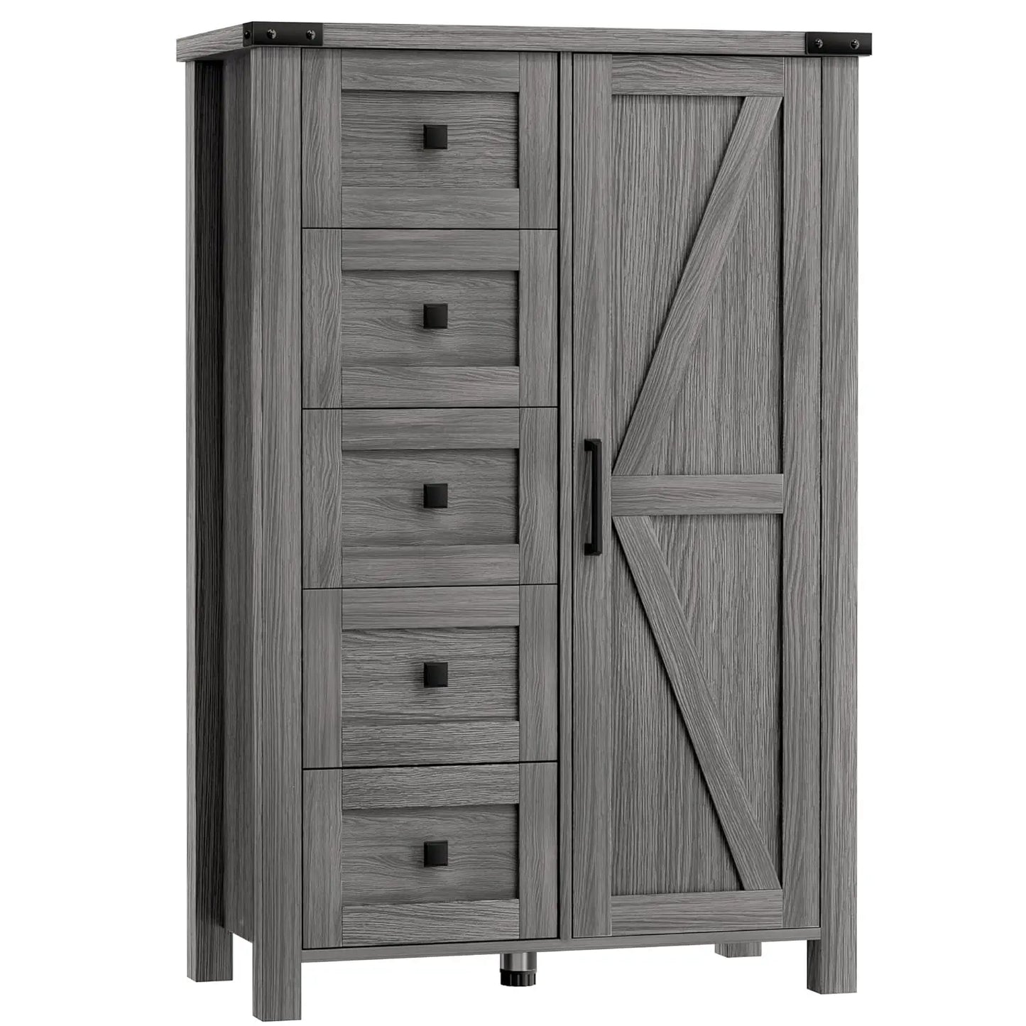 Farmhouse Dresser Storage Cabinet for Bedroom, 5 Drawer Dresser with Barn Door, 48 Inch Tall Grey Wood Chest, Customized