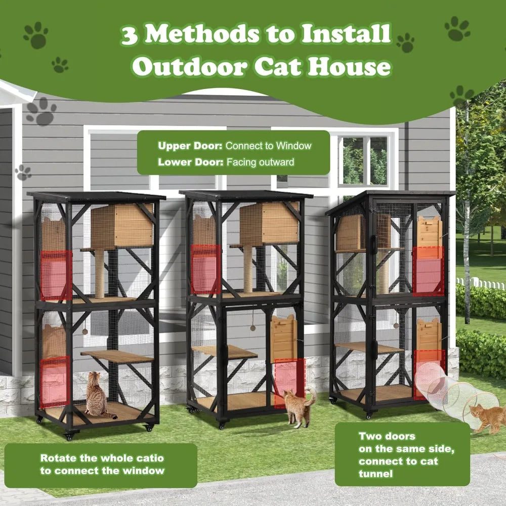 Grepatio Catio Outdoor Cat Enclosure, 4 Tiers Cat House with Waterproof Roof, Indoor Cat Cage with Wheels and Removable Floor, L