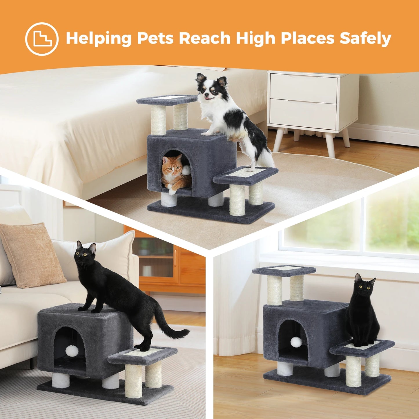3-Tier Dog Stairs, Removable Pet Stairs for Small Dogs and Cats, Multifunctional Cat Bed House with Scratching Posts, Cat Condo