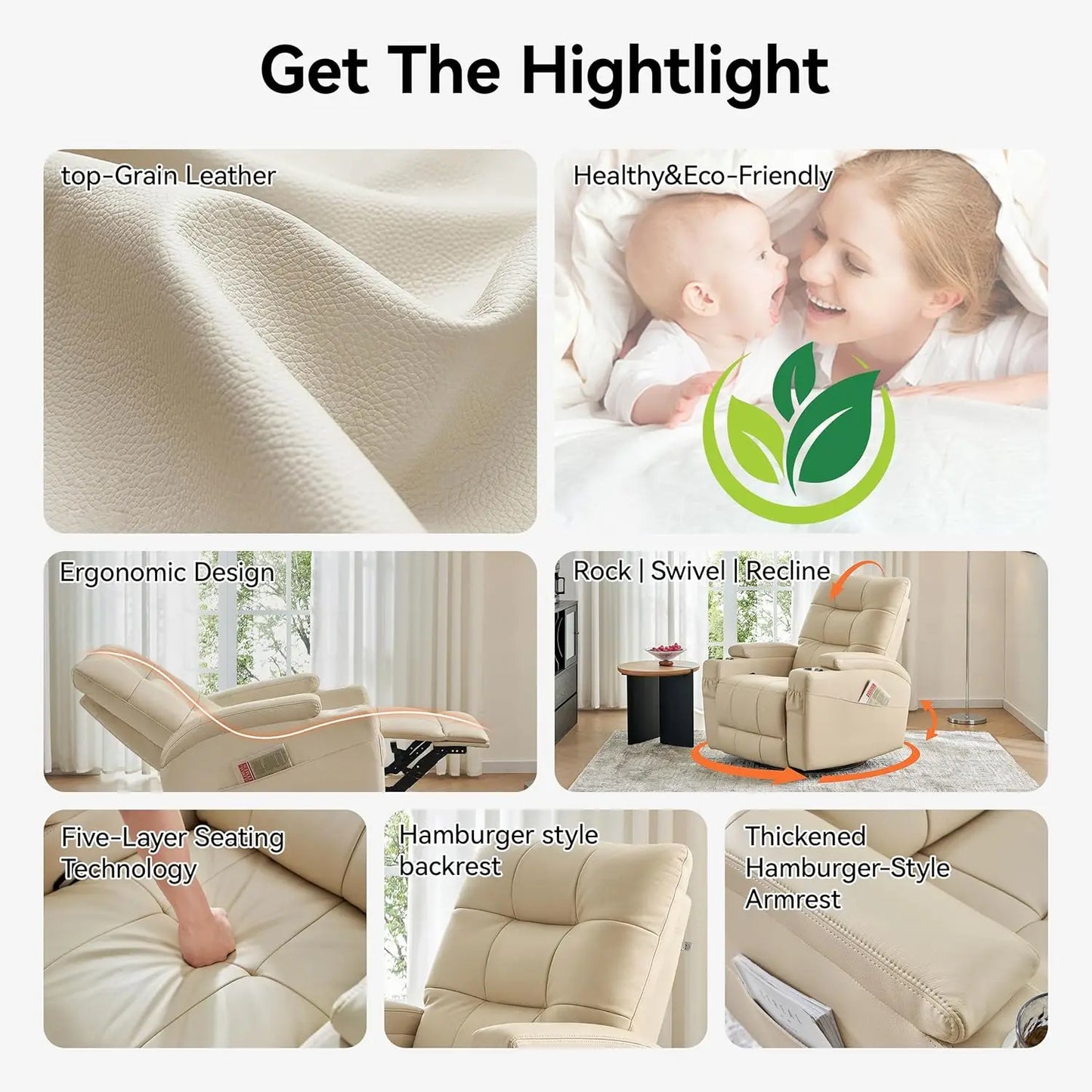 Leather Recliner Chair, Swivel Rocker Recliner Chair, Rocking Chair Nursery, Glider Rocking Chair with Thick, Customized