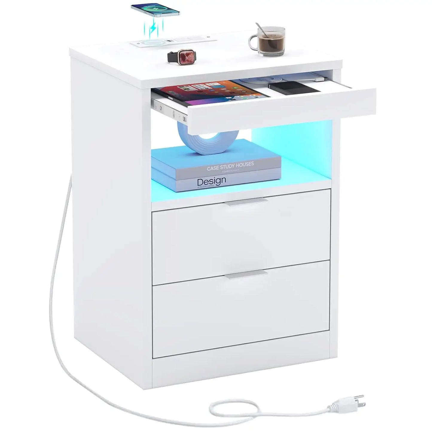 LED Nightstand Black Nightstand with Wireless Charging Station 2 Drawers, Modern Bedroom End Side Table with LED, Customized