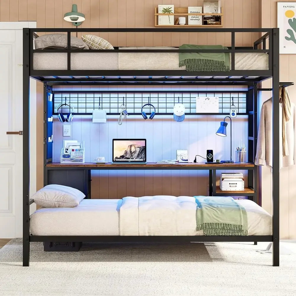 BestsellerTwin Over Full Metal Bunk Bed with Desk, LED Lights, Storage, Safety Rails & Stairs, Black