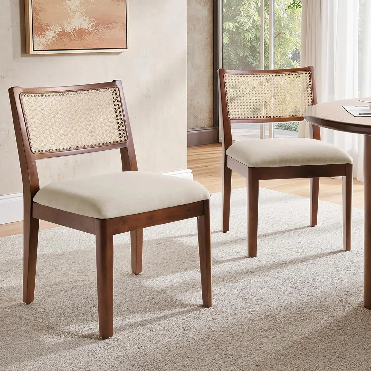 Rattan Dining Chairs Set of 2, French Solid Wood Kitchen Dining Room Chairs with Curved Back, Upholstered Accent, Customized