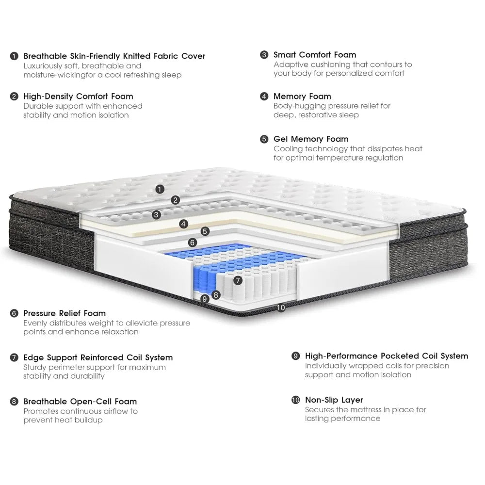 12 Inch Hybrid Mattress Medium Firm Gel Memory Foam Pocket Coils Springs Customized Mattress in a Box