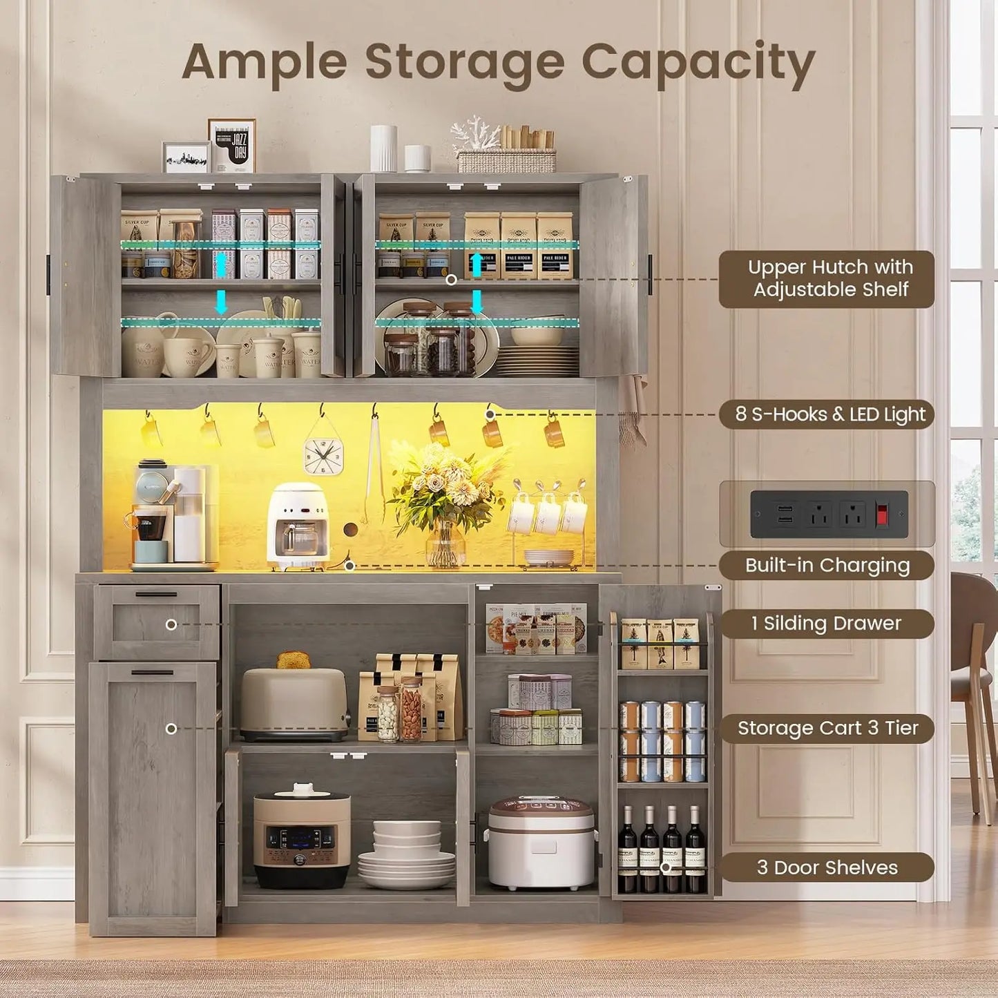 71 Inch Wide Pantry Cabinet with Charging Station And LED Light Kitchen Storage with Microwave Stand Design，Customized