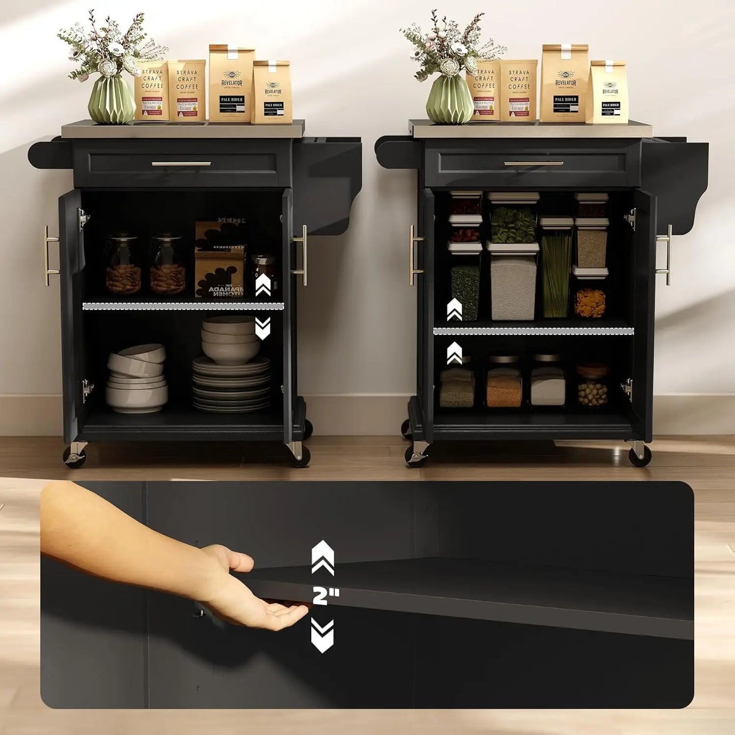 Kitchen Island on Wheels, Rolling Kitchen Cart with Stainless Steel Countertop, Drawer, Towel Rack and Spice Rack,, Customized