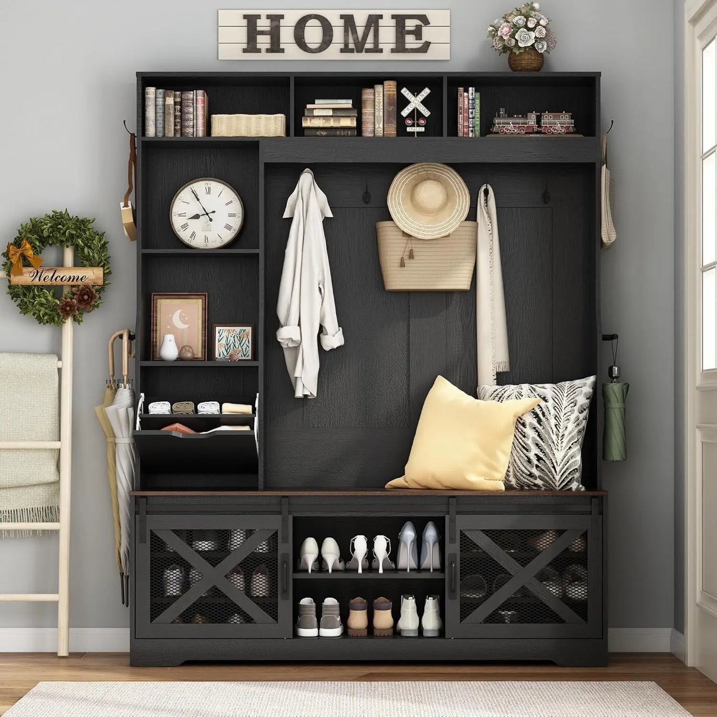 75in Farmhouse Hall Tree Entryway Storage Bench Coat Rack Shoe Cubbies Umbrella Holder Drawer Mudroom Cabinet, Custom