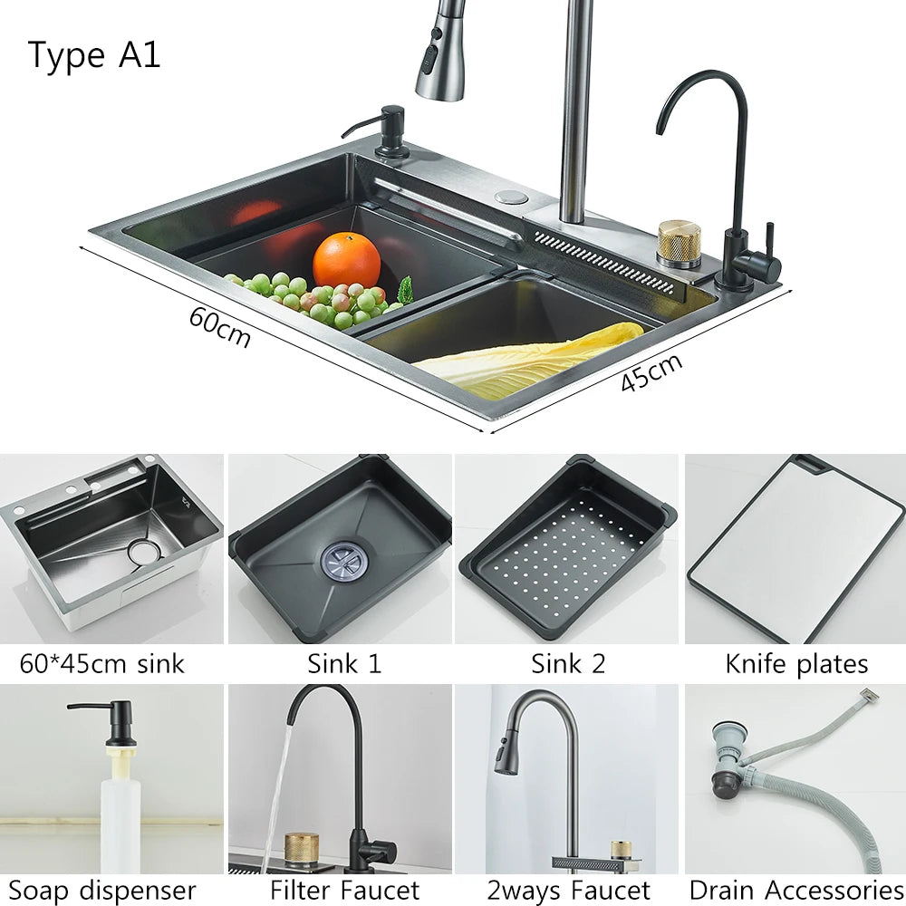 Brushed Nickel Stainless Steel Kitchen Sinks Recessed Sinks Kitchen Taps Sinks with Drains Kitchen Faucet Sink Sets