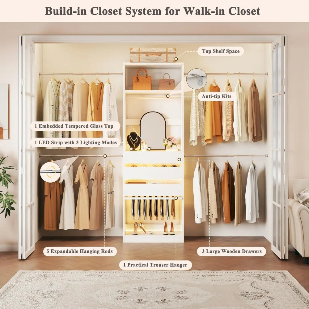 Closet System, 4-8FT Closet Organizer with 3 Wood Drawers & Glass Top, 102'' Walk in Closet with 5 Hang Rods，Customized