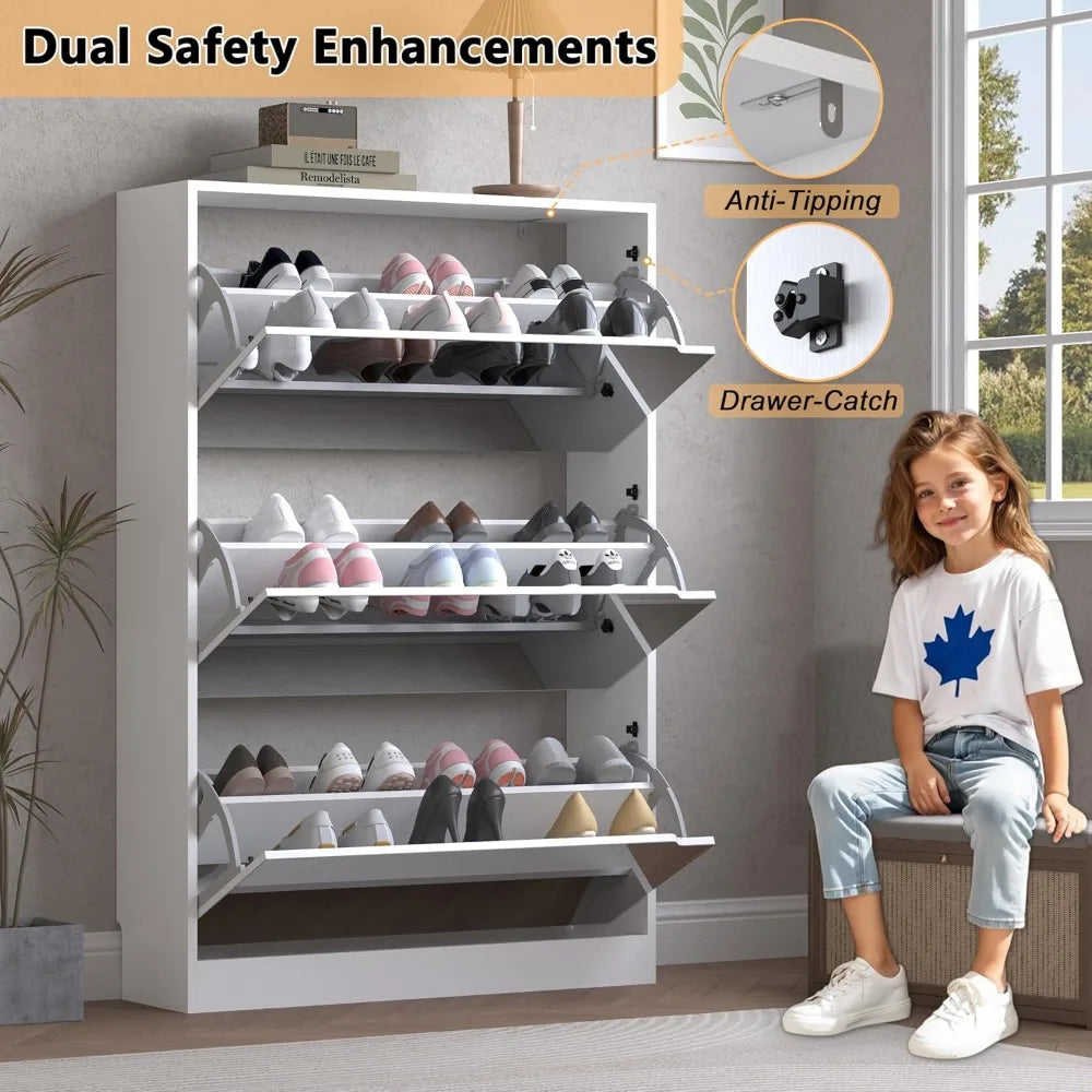 Shoe Cabinet with 3-Flip Mirror Drawers, Freestanding Shoe Rack Organizer with Hidden Handle, Slim Narrow Shoe Storage Cabinet
