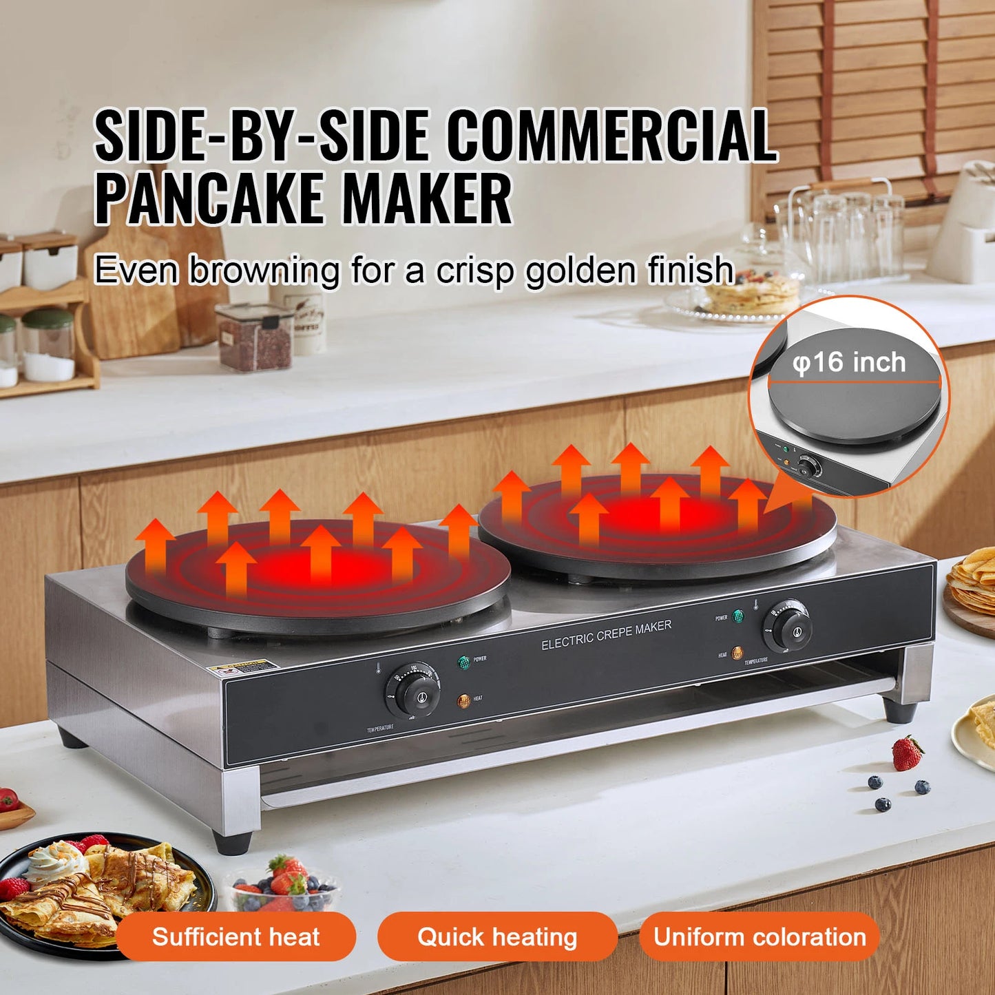 SucceBuy 16in Electric Crepe Maker Double Head Commercial Crepe Machine Flat Plate Crepe Griddle Desktop Cereals Pancake Stove