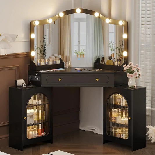 Corner Vanity Desk with 3 Way Mirror and Bulb Lights, Big Modern Makeup Vanity with Large Drawer & Outlet, Bedroom, Customized
