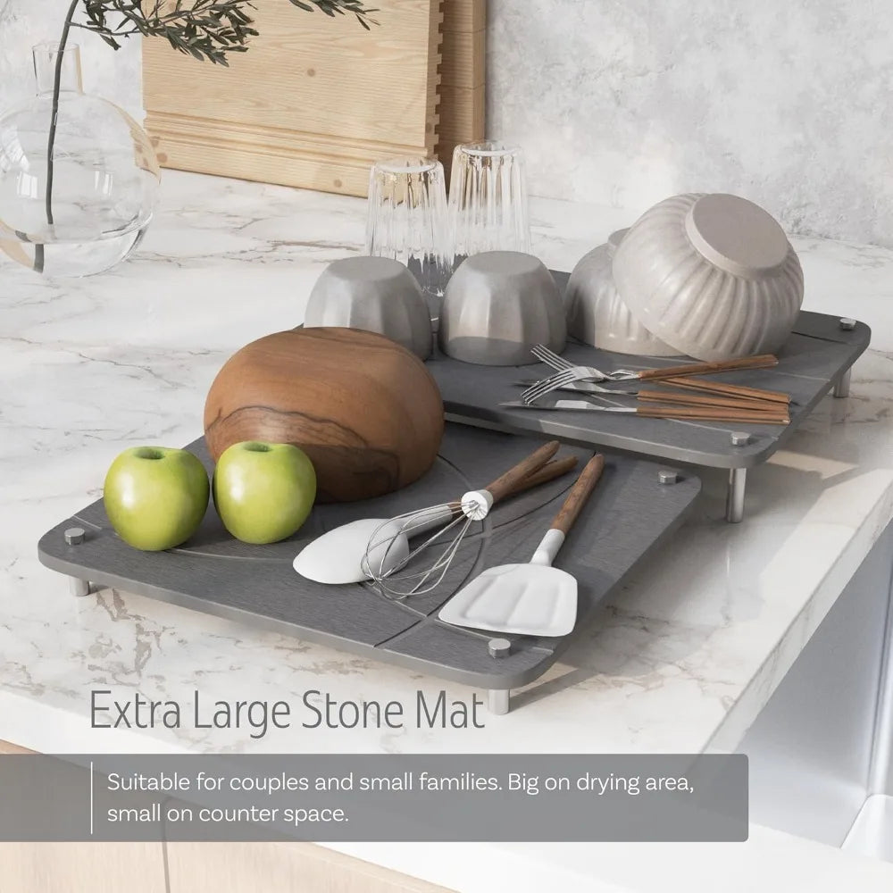 Collapsible Diatomaceous Earth Drying Mat and Bamboo Rack Set Non Slip Feet Large Kitchen Counter Dish Drainer Dark Gray