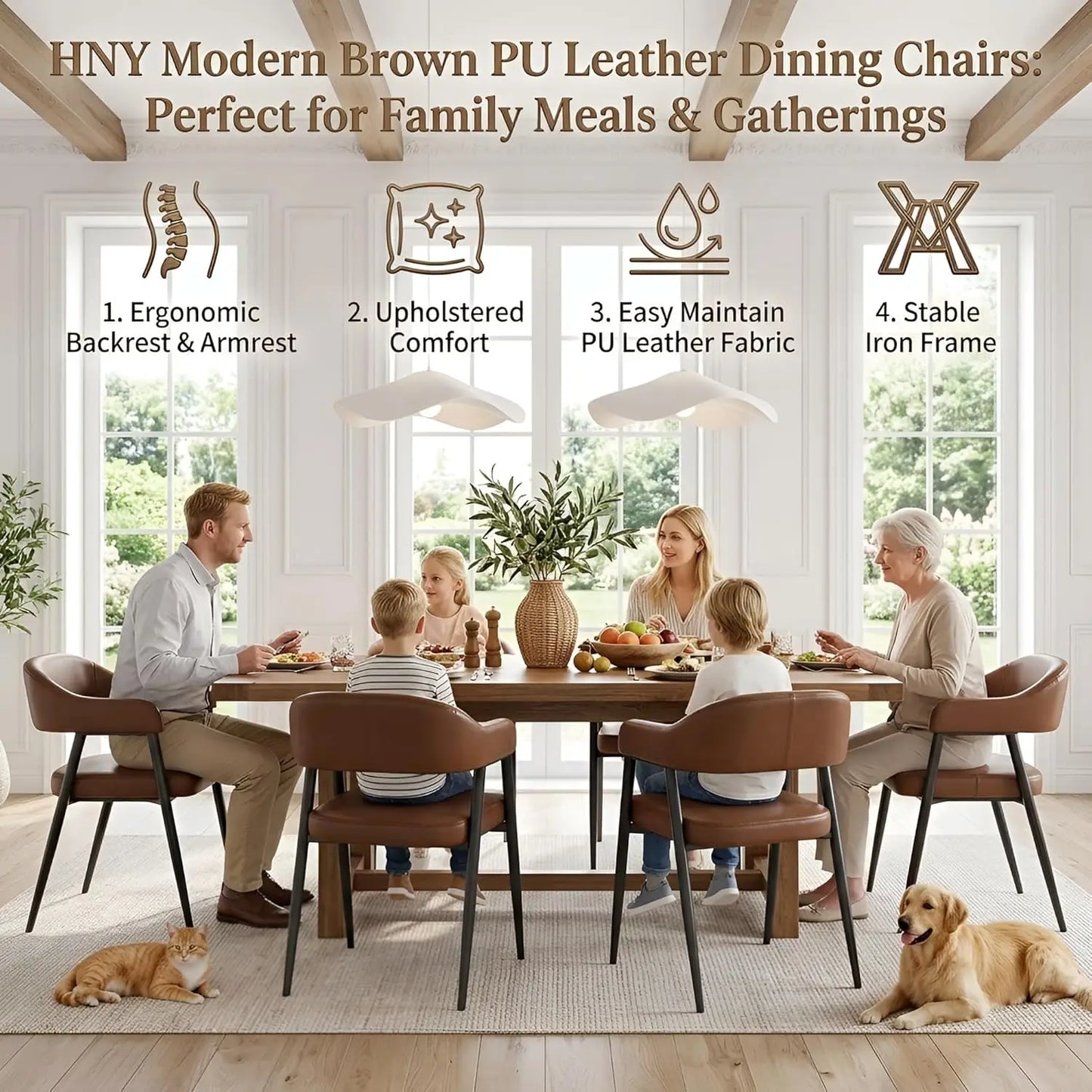 Faux Leather Dining Chairs 6pcs Mid-Century Barrel Arms Metal Legs Open Back Kitchen Dining Room Custom