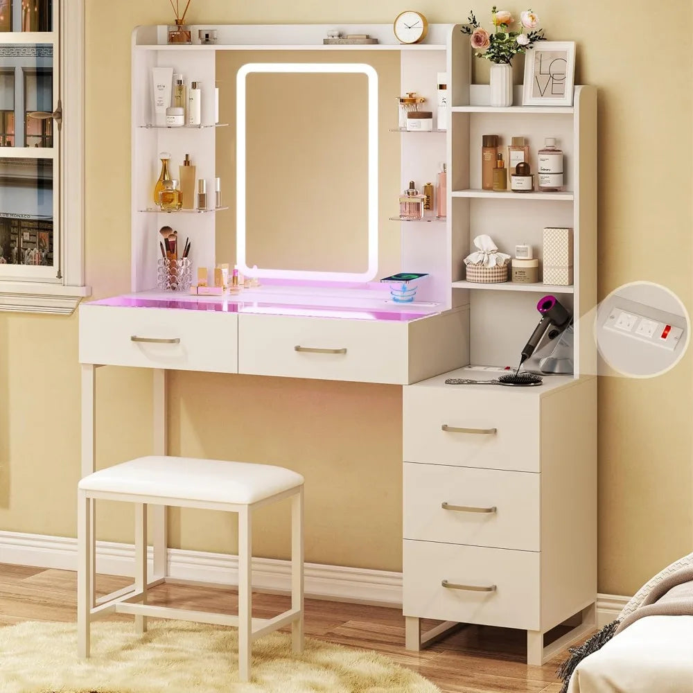 43" Glass Top Vanity Desk with LED Mirror RGB Drawers Wireless Charging 3 Color Lights Power Outlet Bedroom, Customized