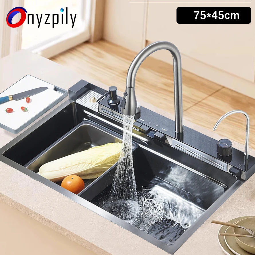 304 Stainless Steel Kitchen Waterfall Sink Digital Display Large Single Sink Dish Basin Sink With Multifunction Touch Waterfall