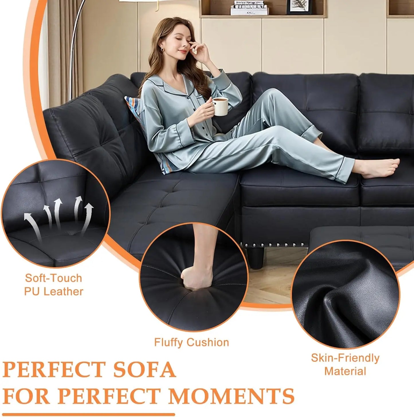 Sectional Sofa Couch, Modern 4-Seaters Living Room Furniture Sets with Chaise Lounge, Ottoman & 2 Pillows, Black