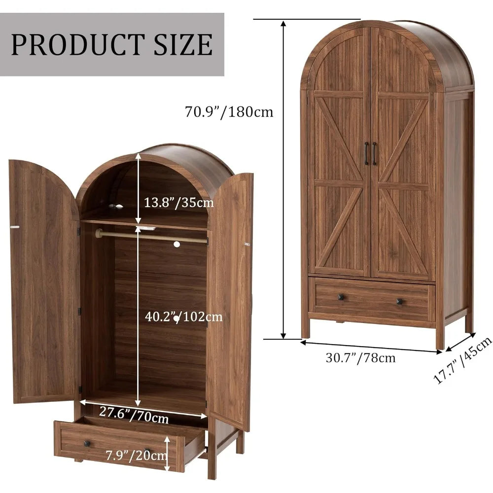 Armoire Wardrobe Closet with Drawers and 2 Arched Fluted Doors, 70.9‘’ Tall Wooden Bedroom Armoires with LED Light，Customized