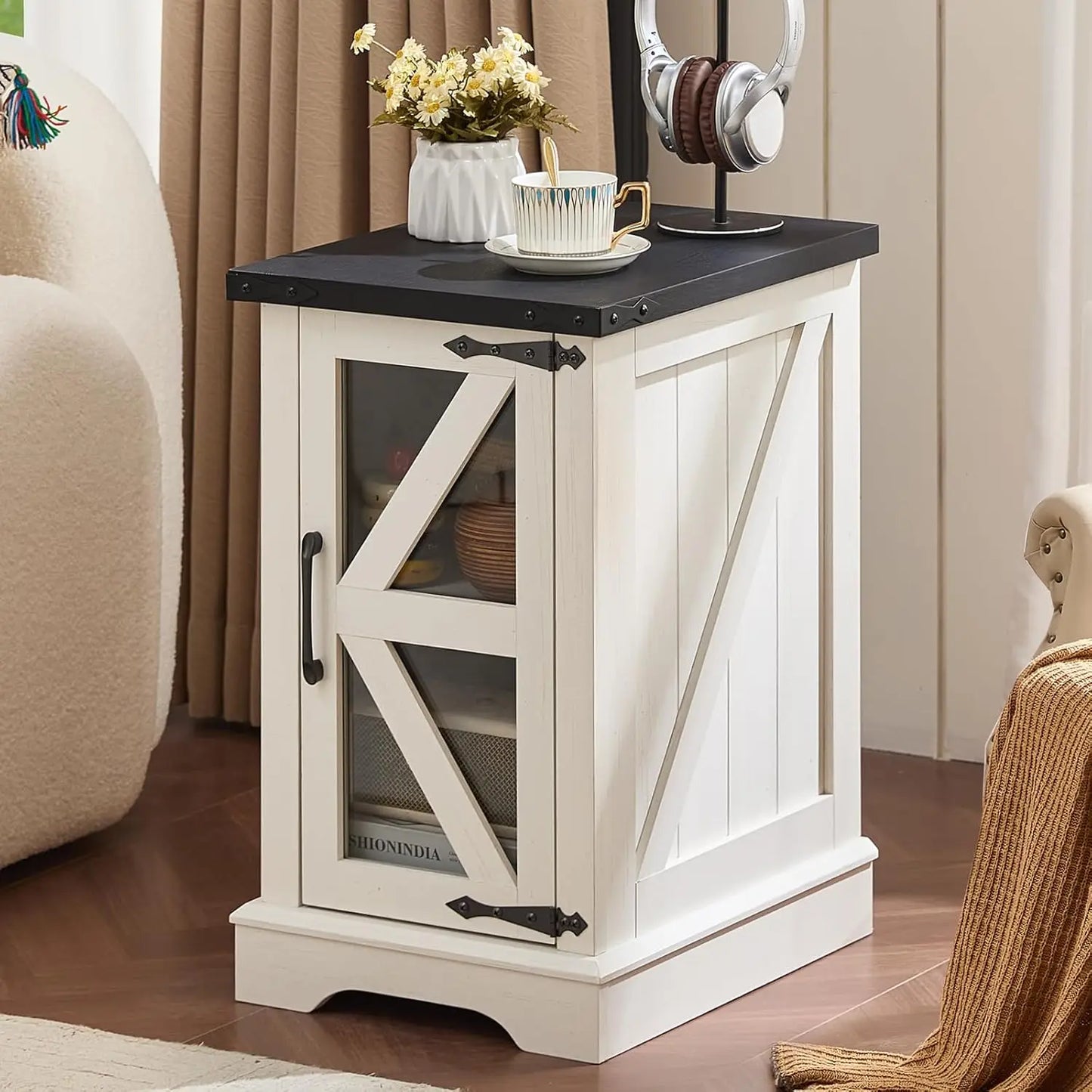 Farmhouse Coffee Table Sets 3 Pieces, 24'' End Table with Charger and Narrow 14'' Nightstand w/Glass Barn Door, Living Room Sets