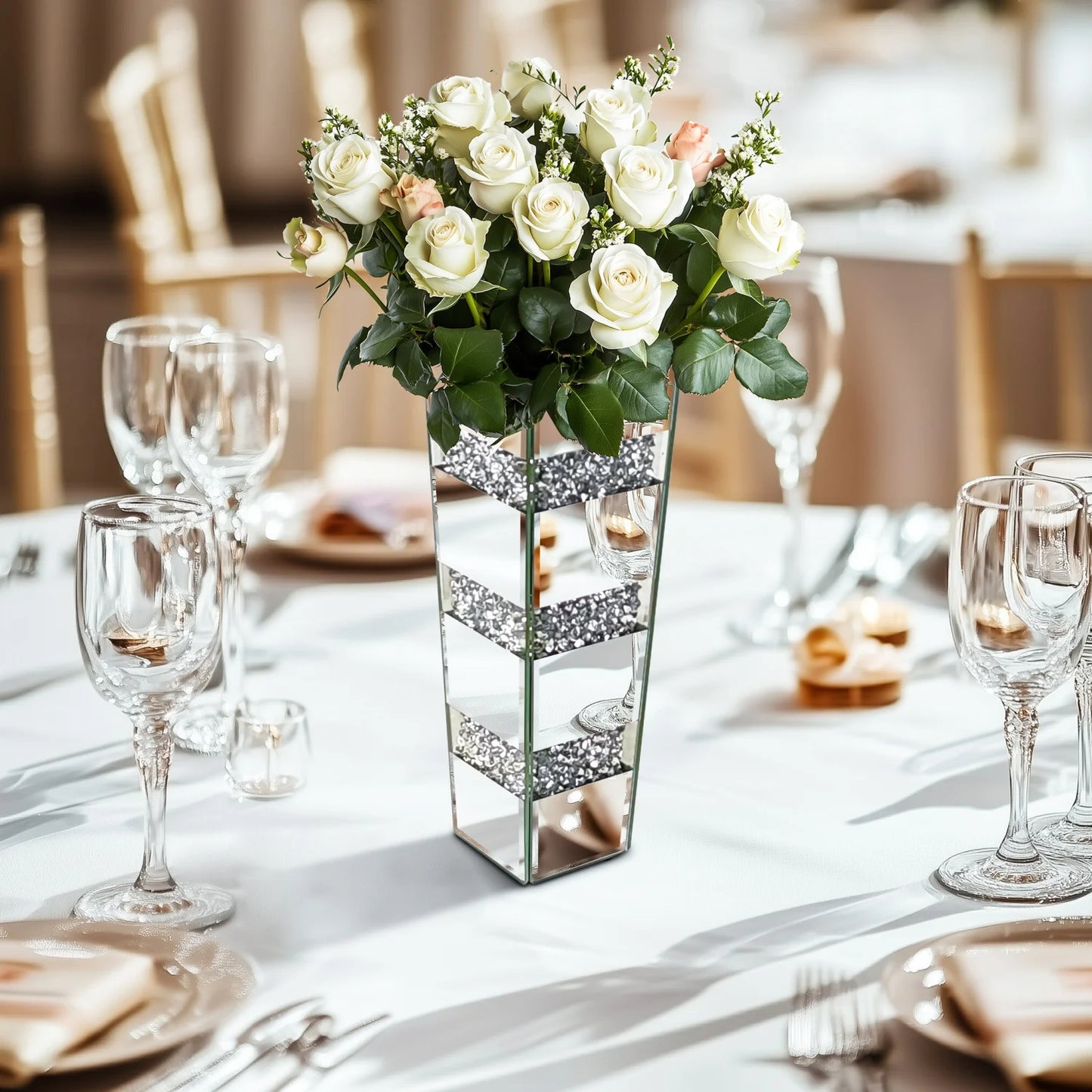 2 Shapes 68CM Crushed Diamond Decorative Mirrored Floor Vase Crystal Silver Glass Flower Vase for Pampas Grass Artificial Flower