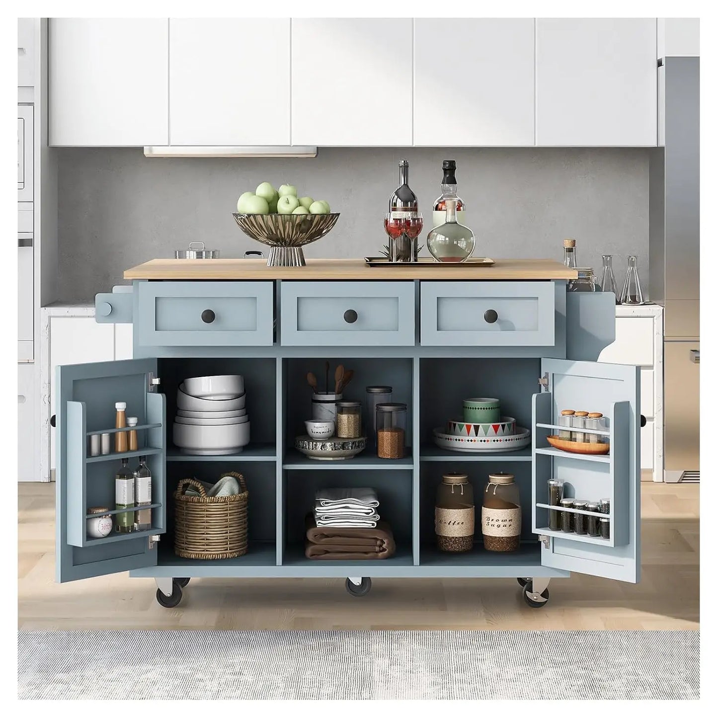 53" Rolling Kitchen Island, Drop Leaf & Power Outlet, 3 Drawers & 2 Cabinets, Mobile Kitchen Cart on 5 Lockable Wheels,, Custom