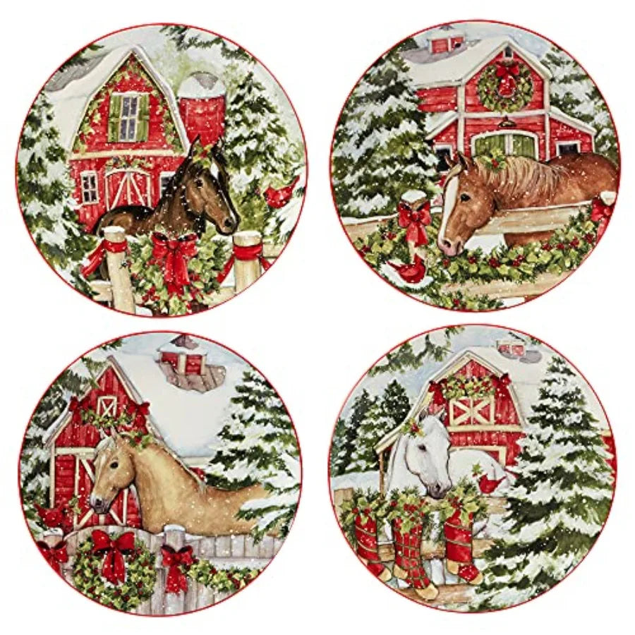 Homestead Christmas 16Piece Dinnerware Set Holiday Tableware for 4 with Festive Horse and Barn Scenes Winter Ceramic Plates Bow