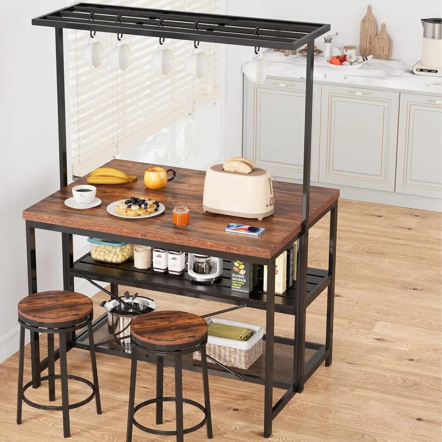 42" Kitchen Island with Storage & Seating - 3-Tier Bakers Rack, Microwave Stand, Dining Table for 4, 5 Hooks & 50lb Capacity, Mu