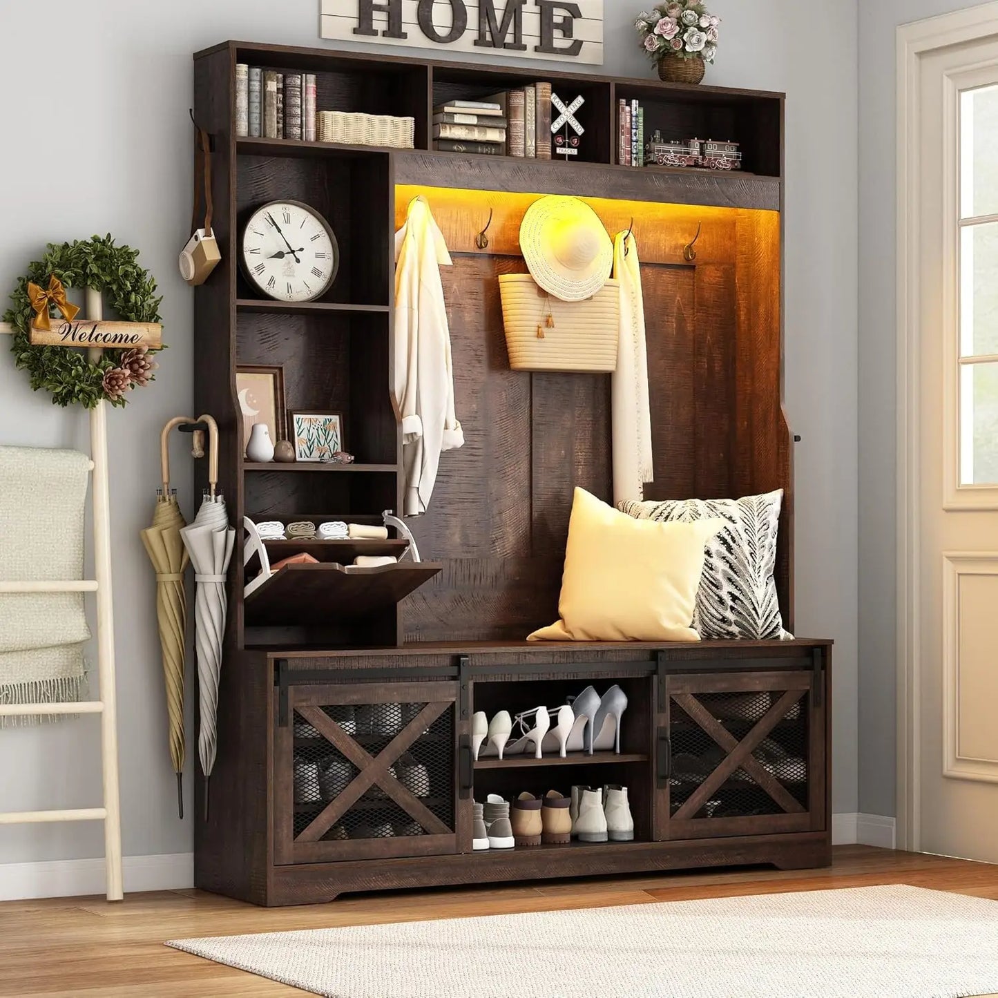 75in Farmhouse Hall Tree Entryway Storage Bench Coat Rack Shoe Cubbies Umbrella Holder Drawer Mudroom Cabinet, Custom