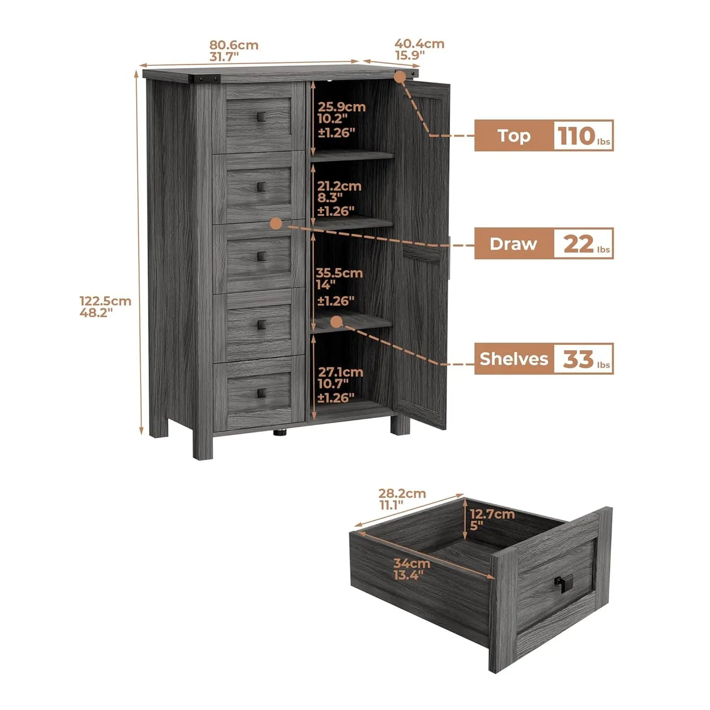 Farmhouse Dresser Storage Cabinet for Bedroom, 5 Drawer Dresser with Barn Door, 48 Inch Tall Grey Wood Chest, Customized