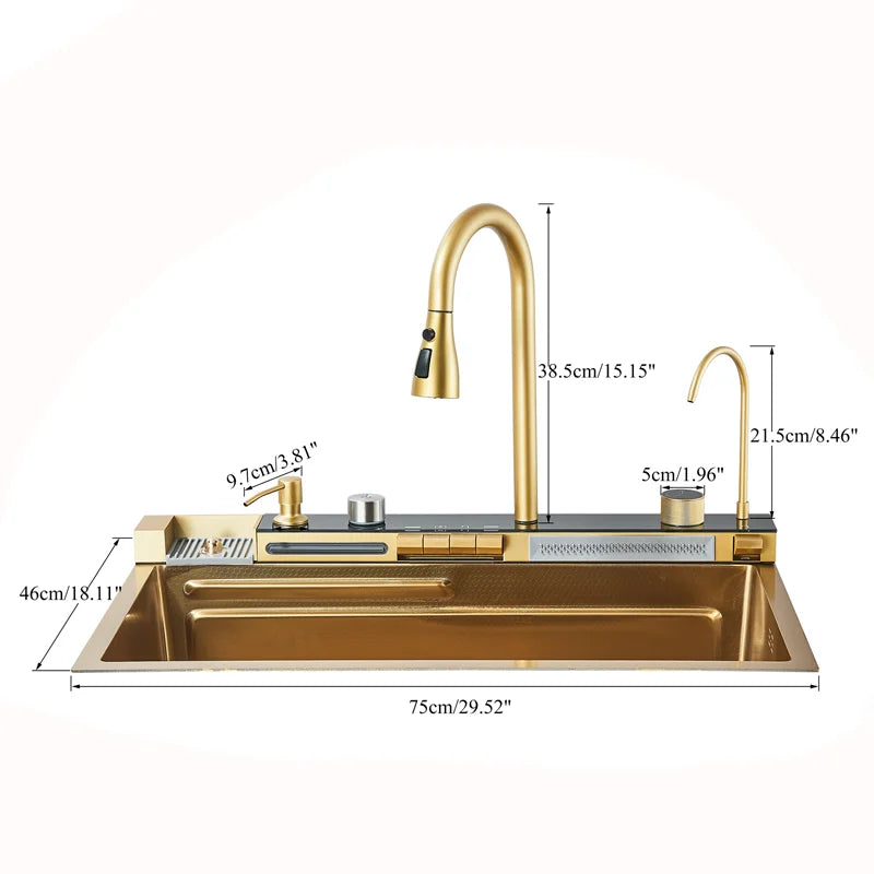 Brushed Gold 304 Stainless Steel Waterfall Style Modern Kitchen Large Single Slot Button Integrated Digital Display Faucet Set