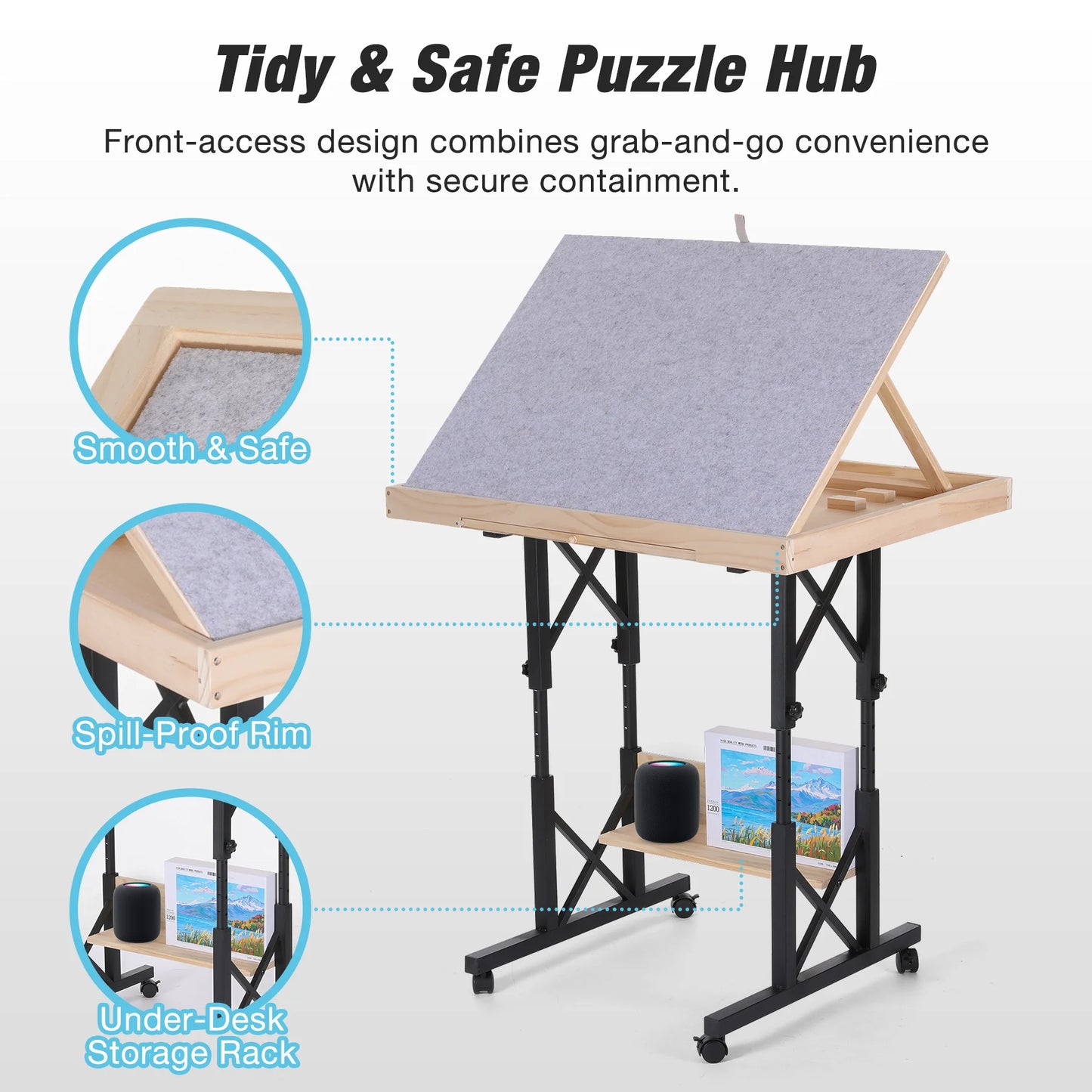 Jigsaw Puzzle Table with Legs Adjustable 5-Tilting-Angle Board with 6 Drawers Cover 35 x 26 Wooden Puzzle Board with 4 Wheels