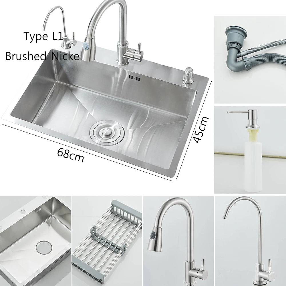 Brushed Nickel Stainless Steel Kitchen Sinks Recessed Sinks Kitchen Taps Sinks with Drains Kitchen Faucet Sink Sets