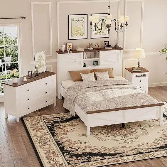 3-Pieces Bedroom Sets Queen Size Farmhouse Platform Bed with Double Sliding Door Storage Headboard, Storage Nightstand and Dress