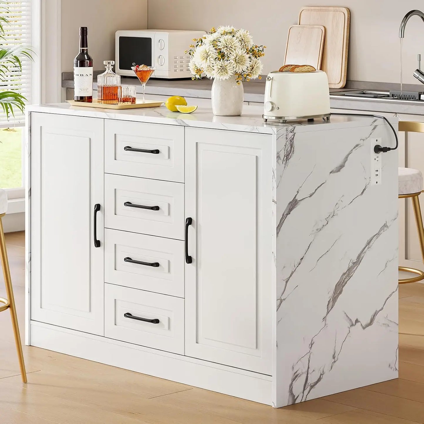 47.3" Kitchen Island with 2 Storage Cabinets & 4 Drawers, Modern Imitation Marble Dining Table with Power Outlet,, Custom
