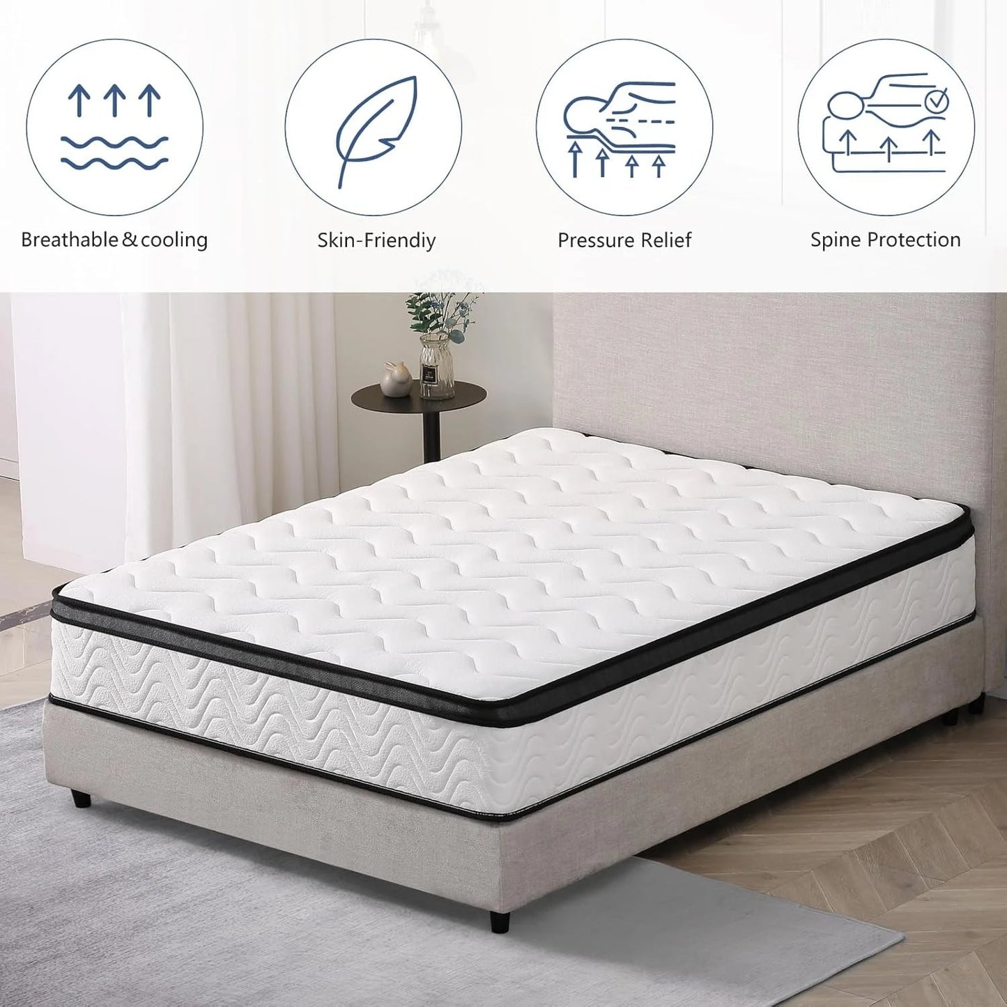 Hybrid Mattress, Memory Foam & Pocket Springs, Motion Isolation, Edge Support, Pressure Relief, Breathable Cover, Customized
