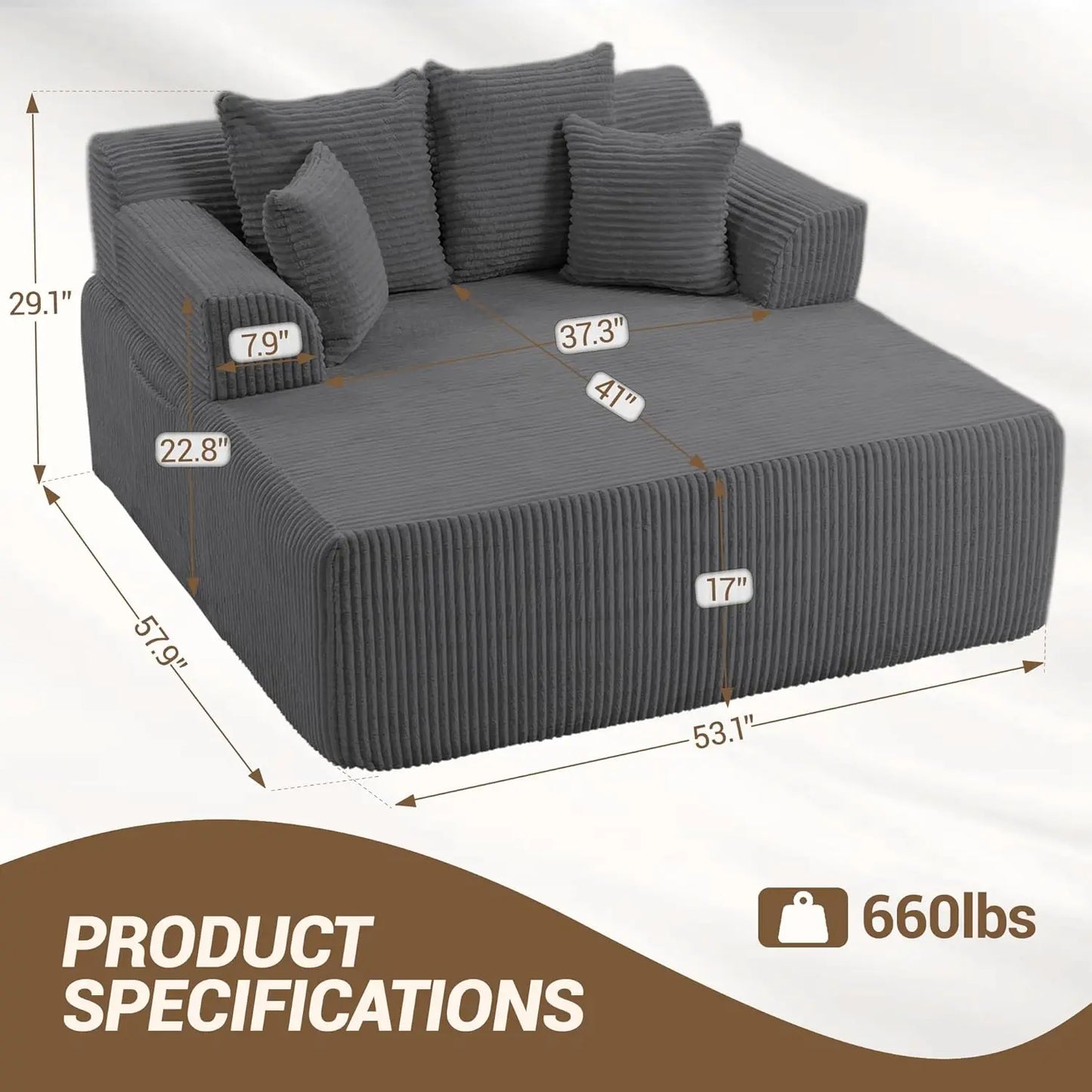 58" Oversized Boneless Chair, Corduroy Lounge Chaise Chair Indoor Sleeper Sofa Bed with Arms and 4 Pillows, No, Customized