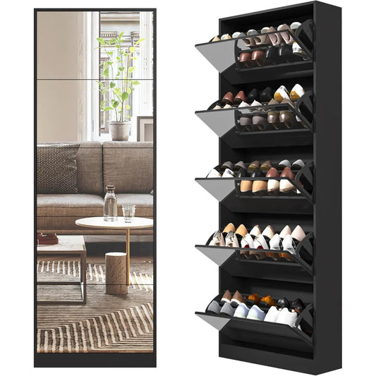Shoe Storage Cabinet with Full Length Mirror, 30 Pairs & 5 Flip Drawer, Free Standing Shoe Rack Cabinet, Narrow Shoes Organizer