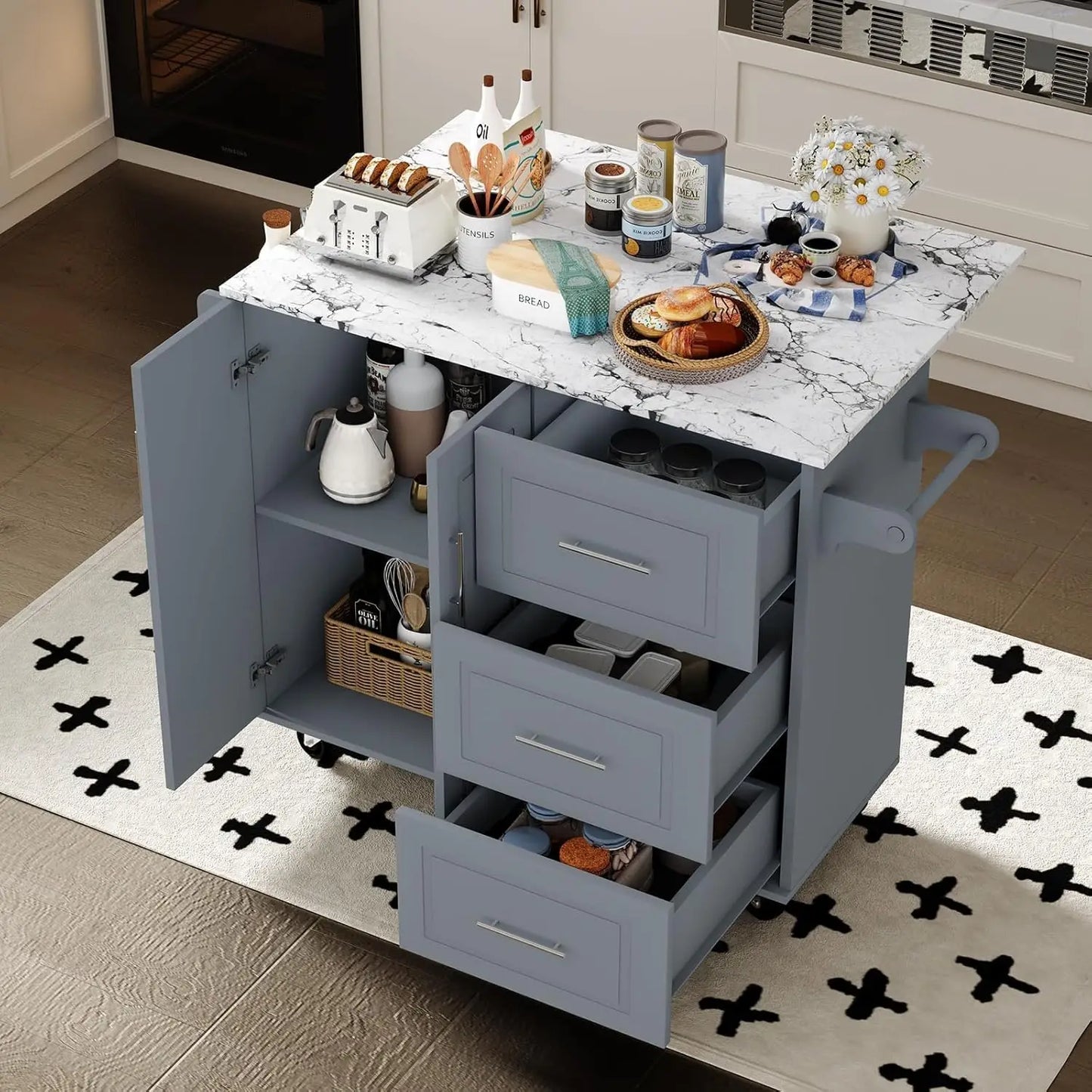 Kitchen Island with Storage on Wheels, Rolling Kitchen Island with Spice Rack & Towel Rack, Portable Island Table for Kitchen