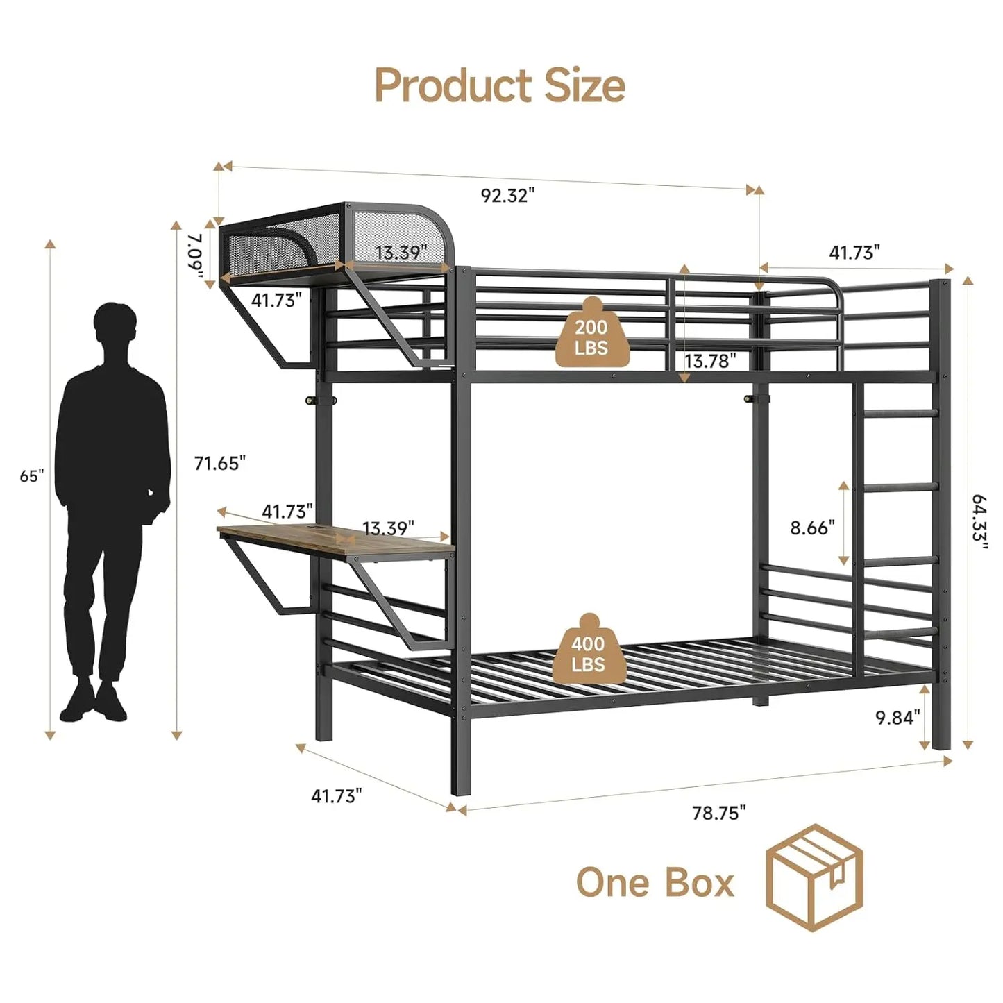 Bunk Bed Twin Over Twin, Metal Bunk Beds with Power Outlets & Desk, Heavy-Duty Bunkbeds Frame with Safety Guardrail, Customized