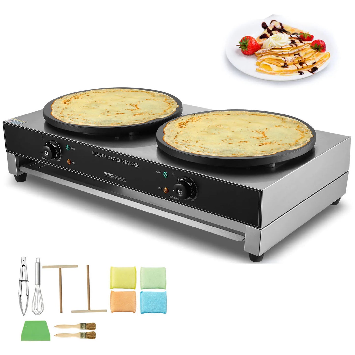 SucceBuy 16in Electric Crepe Maker Double Head Commercial Crepe Machine Flat Plate Crepe Griddle Desktop Cereals Pancake Stove