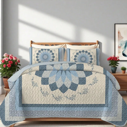 2/3 Pieces Elegant Blue Floral Print Quilt Set(1 Quilt + 1/2 Pillowcases), 100% Polyester Material Is More Breathable In Summer