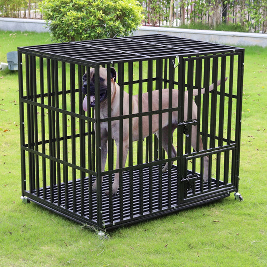 Bingopaw 37” 42” 46” Heavy Duty Dog Cage Metal Pet Dog Crate 3 Doors Locks Design Kennel Playpen with 4 Wheels Removable Tray