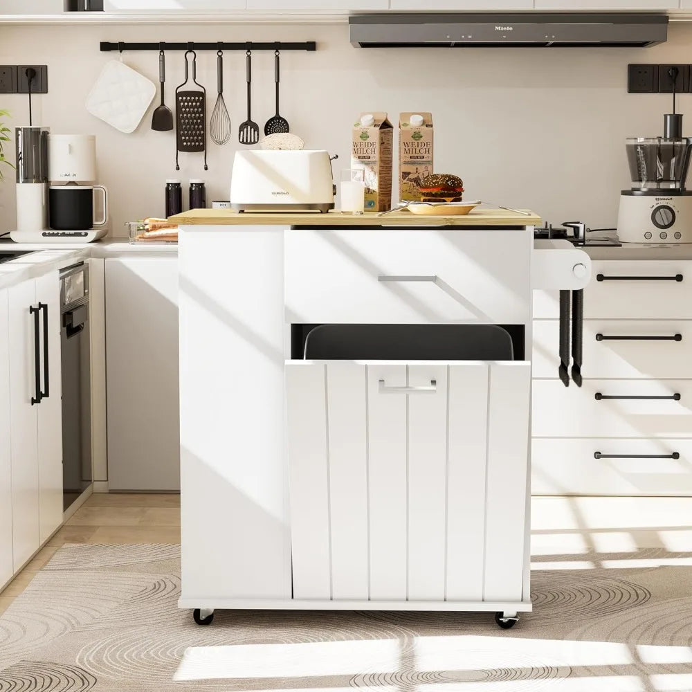 Rolling Kitchen Island with Trash Can Storage, Portable Kitchen Island on Wheels with Towel Rack & Spice Rack, Tilt Out Trash Ca