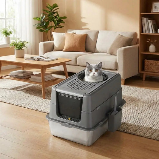 Extra Large Stainless Steel Cat Litter Box, High-Sided Enclosed Litter Tray with Flip-Top Lid & Litter Scoop, Cat Toilet